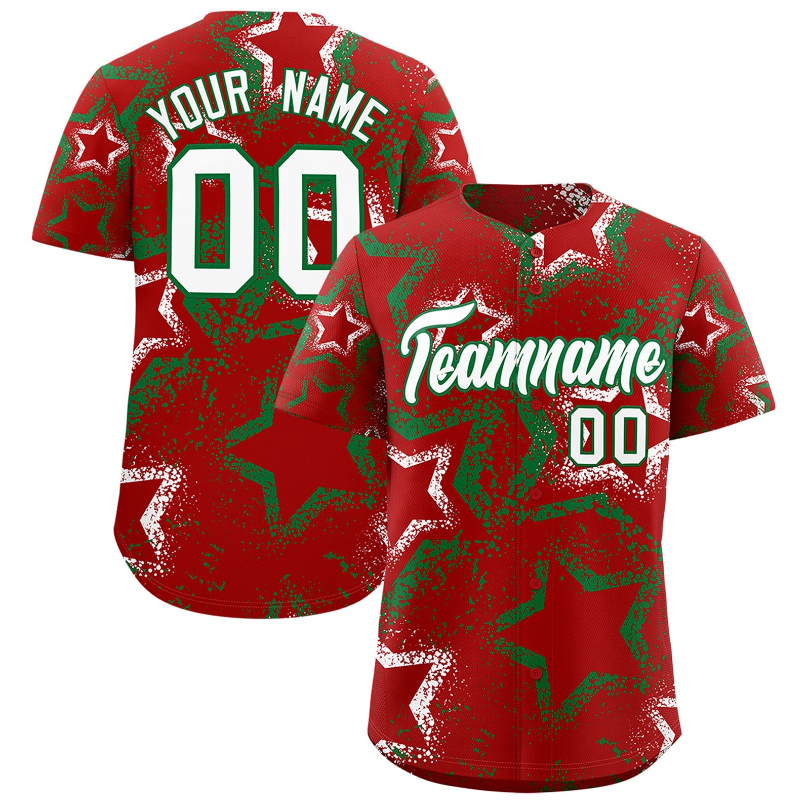 Custom Red White Kelly Green Star-Shaped Ink Texture Graffiti Pattern Baseball Jersey | Sublimation Printed & Stitched,Add Name and Numbern,Perfect for Parties,Perfect for Training | KXKSHOP
