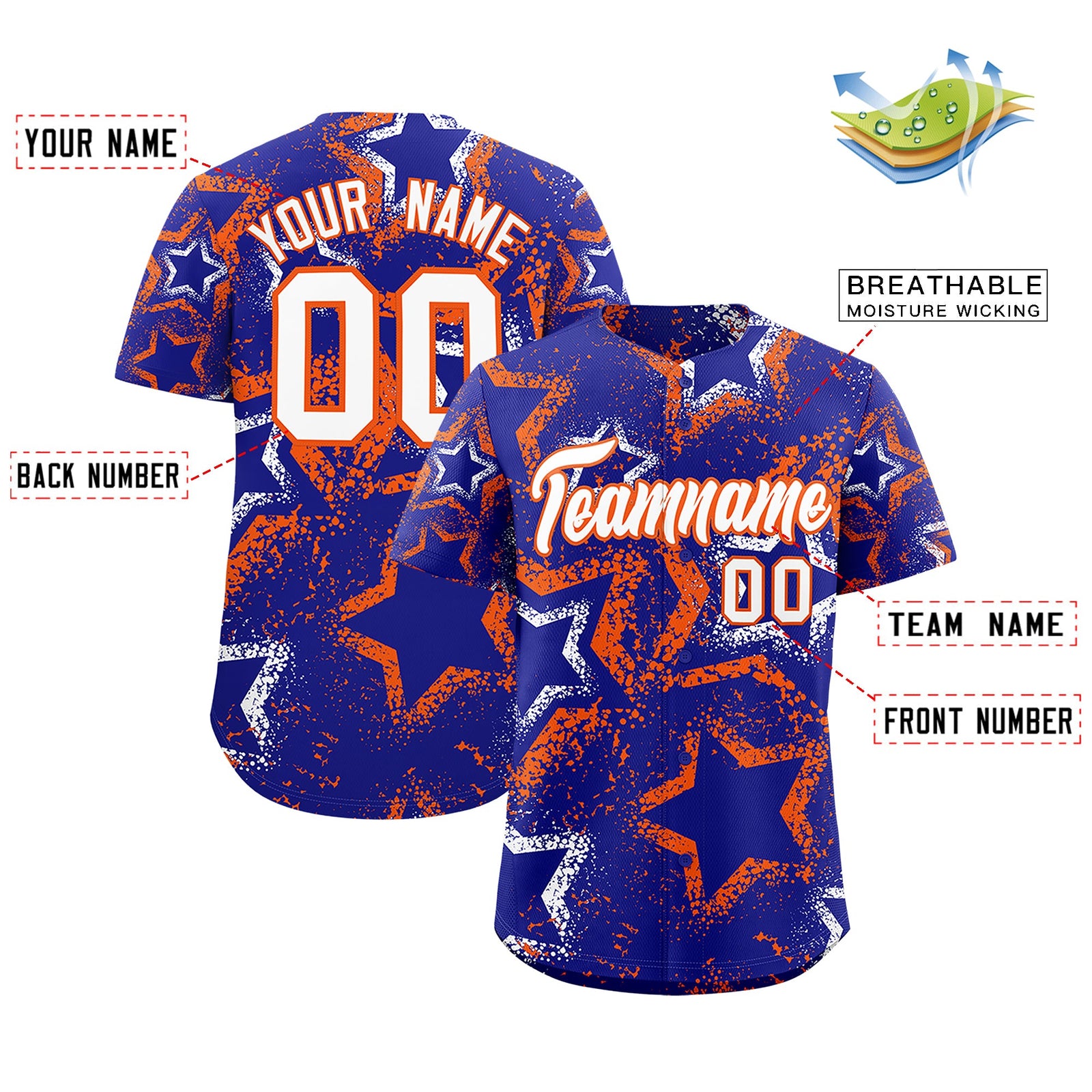 Custom Royal Blue White Orange Star-Shaped Ink Texture Graffiti Pattern Baseball Jersey | Sublimation Printed & Stitched,Add Name and Numbern,Perfect for Parties,Perfect for Training | KXKSHOP