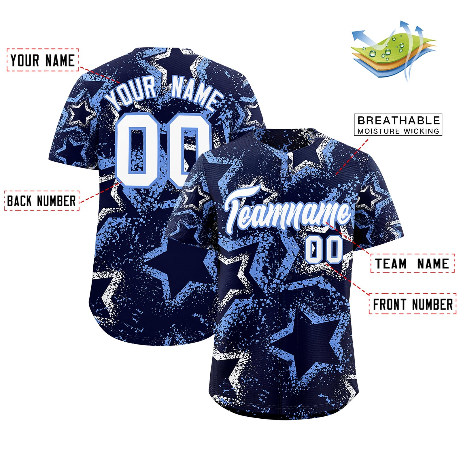 Custom Navy White Light Blue Star-Shaped Ink Texture Graffiti Pattern Baseball Jersey | Sublimation Printed & Stitched,Add Name and Numbern,Perfect for Parties,Perfect for Training | KXKSHOP