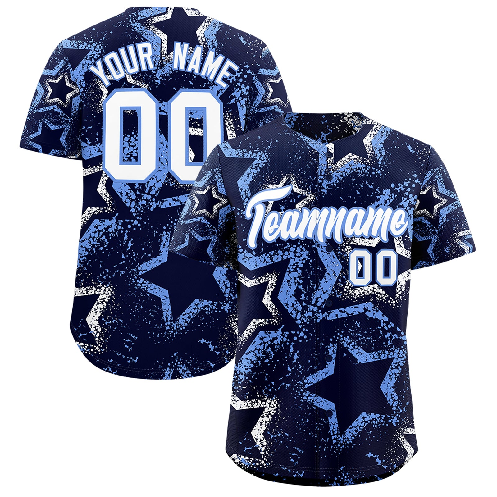 Custom Navy White Light Blue Star-Shaped Ink Texture Graffiti Pattern Baseball Jersey | Sublimation Printed & Stitched,Add Name and Numbern,Perfect for Parties,Perfect for Training | KXKSHOP