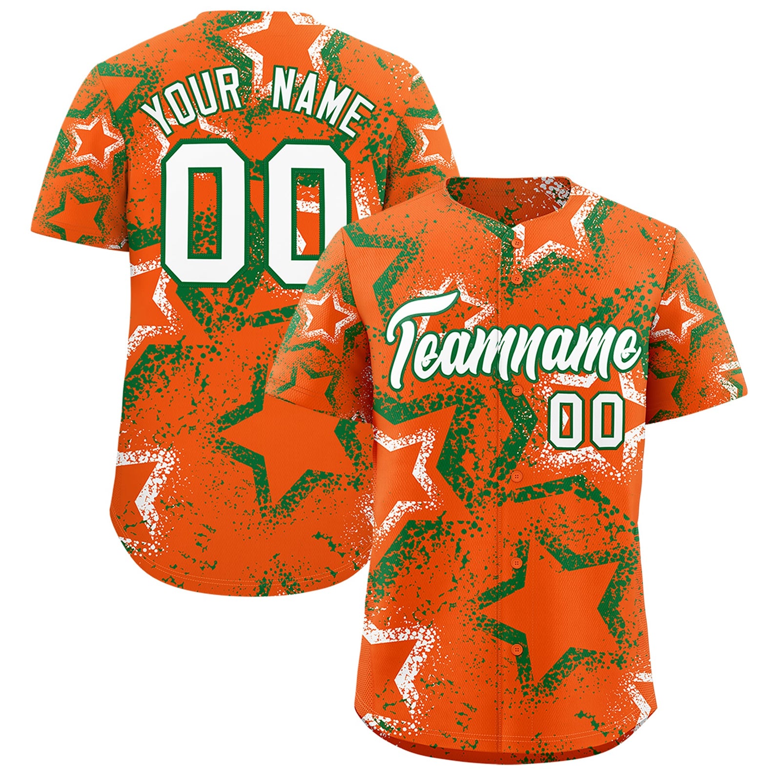 Custom Orange Kelly Green White Star-Shaped Ink Texture Graffiti Pattern Baseball Jersey | Sublimation Printed & Stitched,Add Name and Numbern,Perfect for Parties,Perfect for Training | KXKSHOP