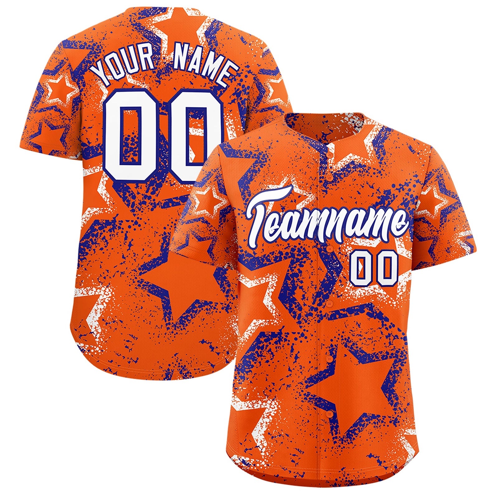 Custom Orange White Royal Blue Star-Shaped Ink Texture Graffiti Pattern Baseball Jersey | Sublimation Printed & Stitched,Add Name and Numbern,Perfect for Parties,Perfect for Training | KXKSHOP
