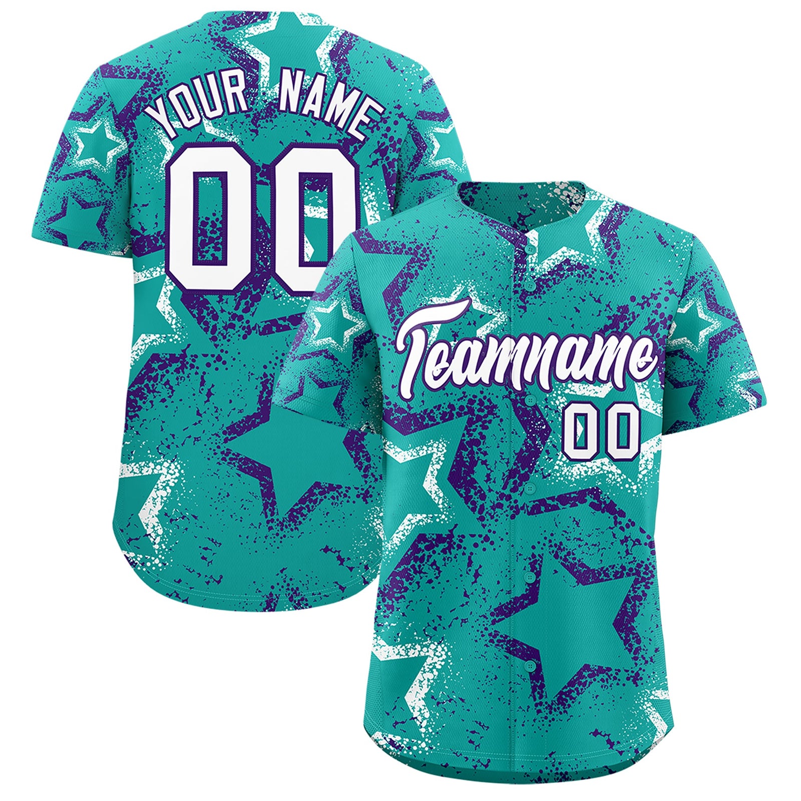 Custom Aqua White Purple Star-Shaped Ink Texture Graffiti Pattern Baseball Jersey | Sublimation Printed & Stitched,Add Name and Numbern,Perfect for Parties,Perfect for Training | KXKSHOP