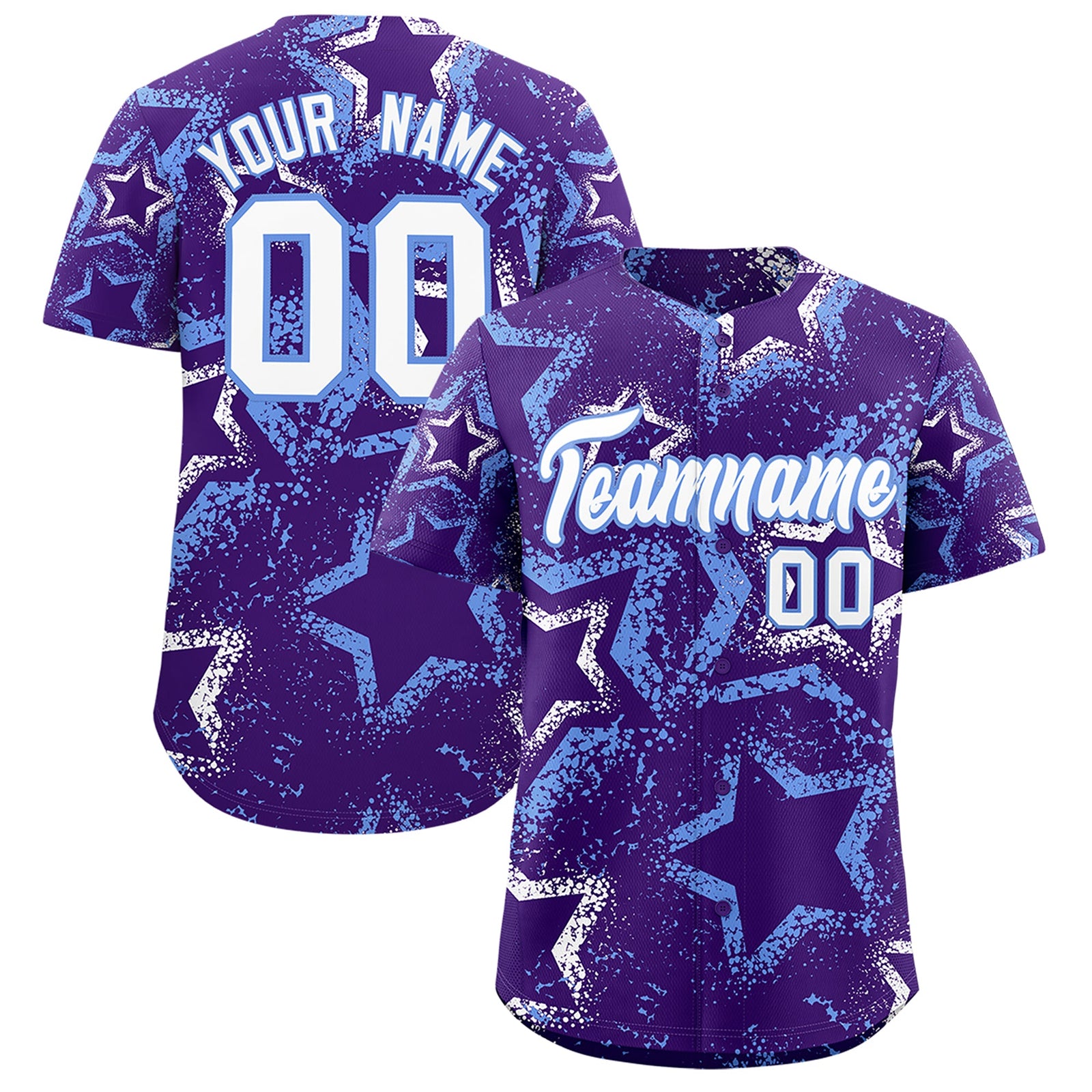 Custom Purple White Light Blue Star-Shaped Ink Texture Graffiti Pattern Baseball Jersey | Sublimation Printed & Stitched,Add Name and Numbern,Perfect for Parties,Perfect for Training | KXKSHOP