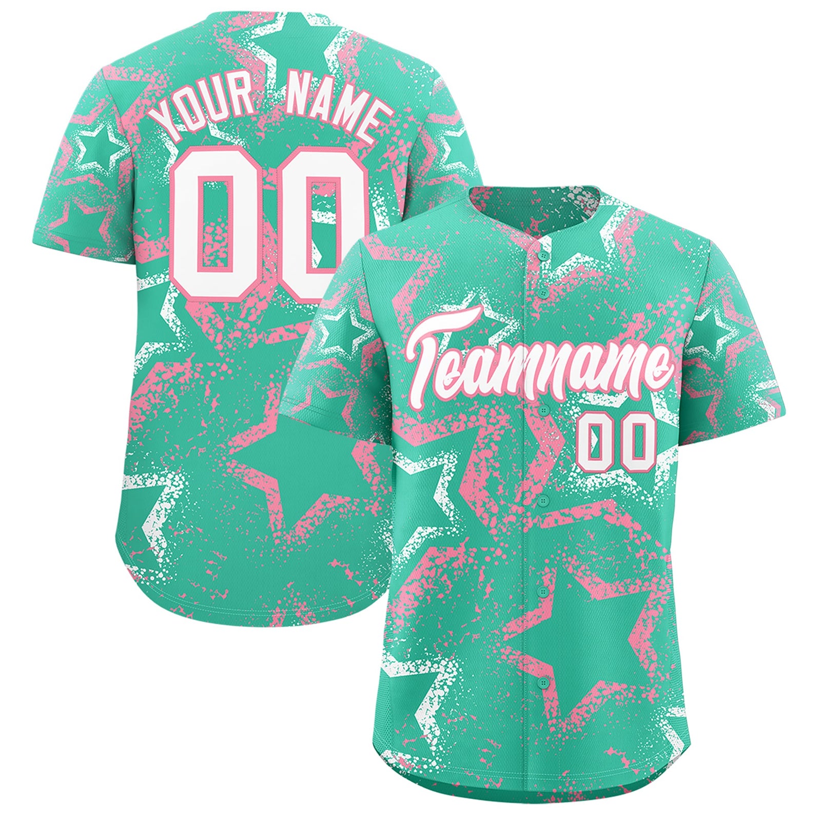 Custom Bright Green White Light Pink Star-Shaped Ink Texture Graffiti Pattern Baseball Jersey | Sublimation Printed & Stitched,Add Name and Numbern,Perfect for Parties,Perfect for Training | KXKSHOP