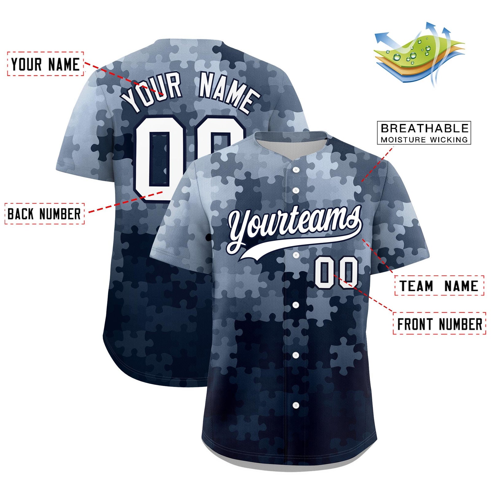 Custom White Navy Puzzle Elements Baseball Jersey | Sublimation Printed & Stitched,Add Name and Numbern,Perfect for Teams | KXKSHOP