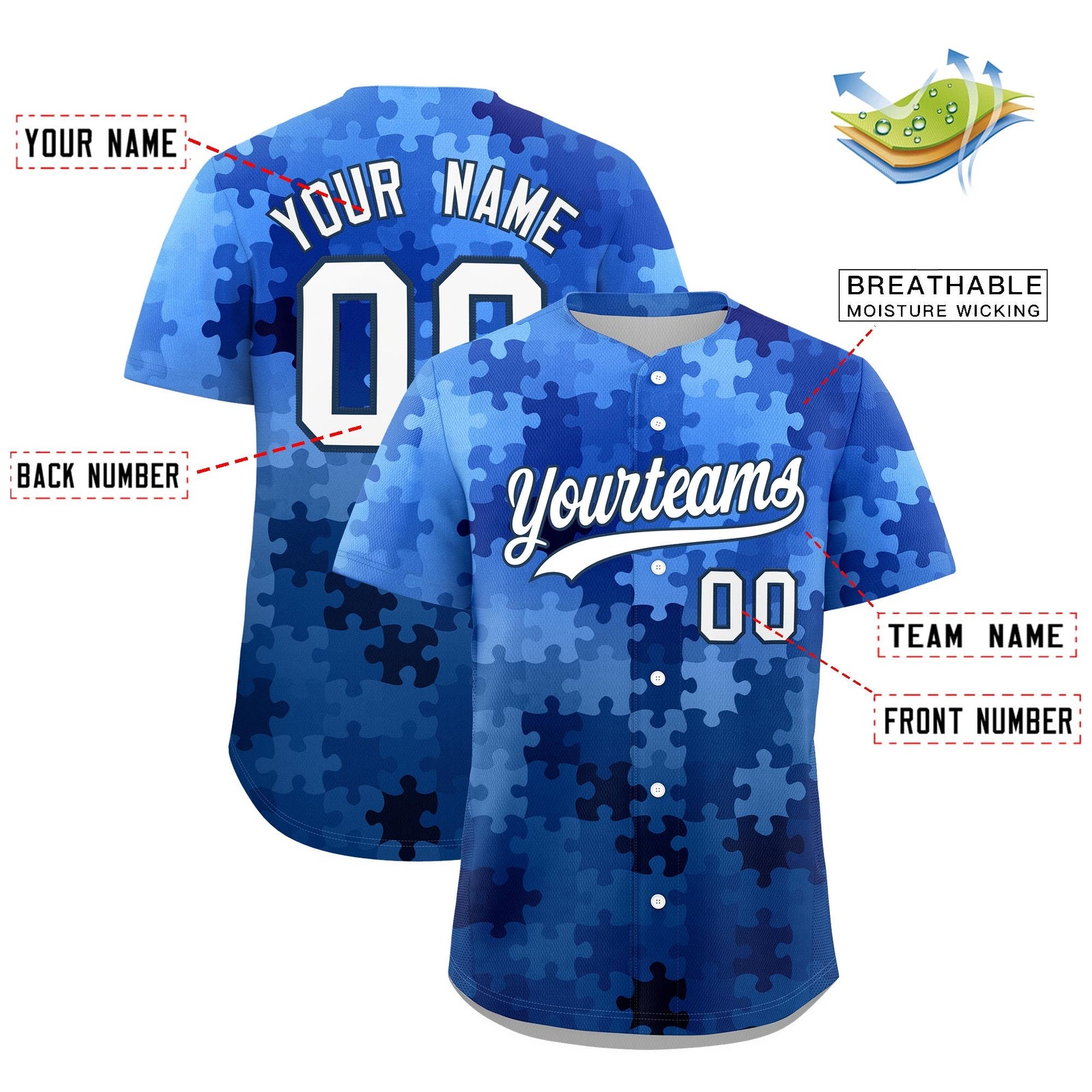 Custom White Midnight Blue Puzzle Elements Baseball Jersey | Sublimation Printed & Stitched,Add Name and Numbern,Perfect for Teams | KXKSHOP