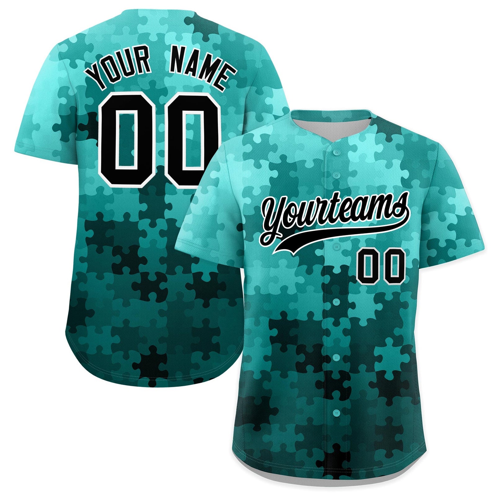 Custom Teal Black White Puzzle Elements Baseball Jersey | Sublimation Printed & Stitched,Add Name and Numbern,Perfect for Teams | KXKSHOP
