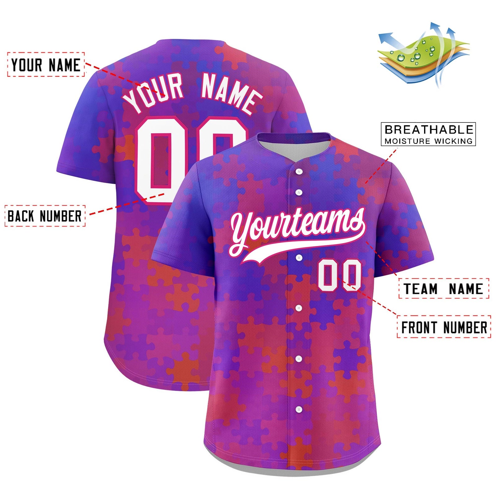 Custom White Rose Red Puzzle Elements Baseball Jersey | Sublimation Printed & Stitched,Add Name and Numbern,Perfect for Teams | KXKSHOP