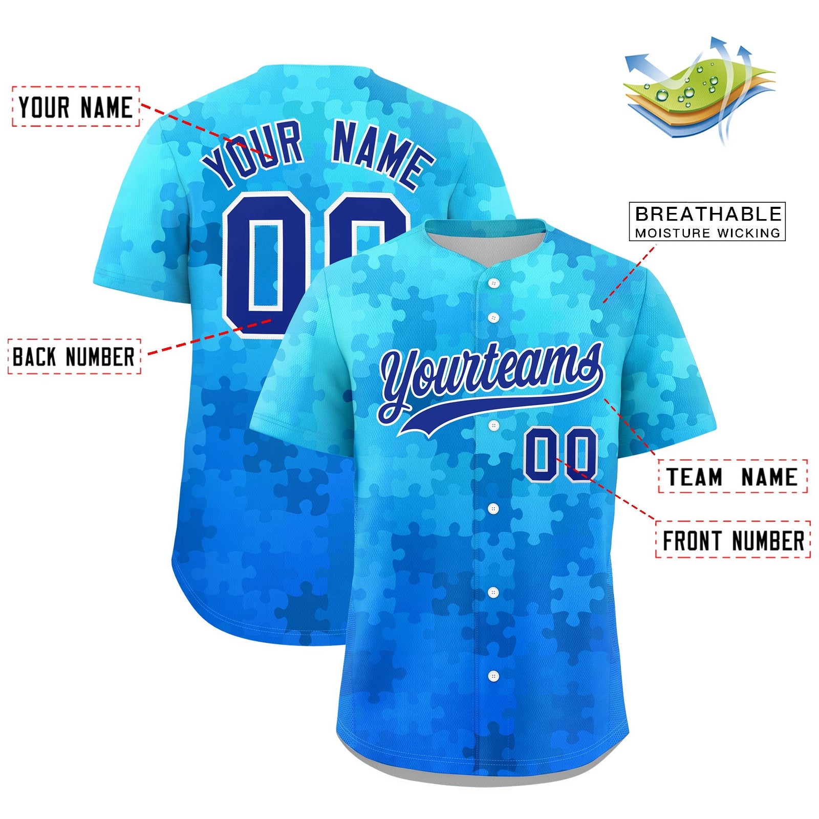Custom Royal Blue White Puzzle Elements Baseball Jersey | Sublimation Printed & Stitched,Add Name and Numbern,Perfect for Teams | KXKSHOP