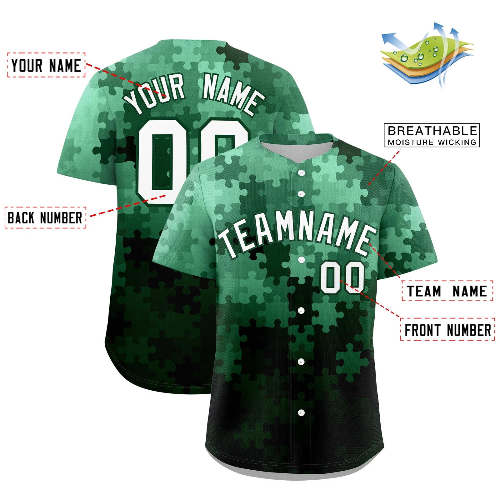 Custom White Green Puzzle Elements Baseball Jersey | Sublimation Printed & Stitched,Add Name and Numbern,Perfect for Teams | KXKSHOP