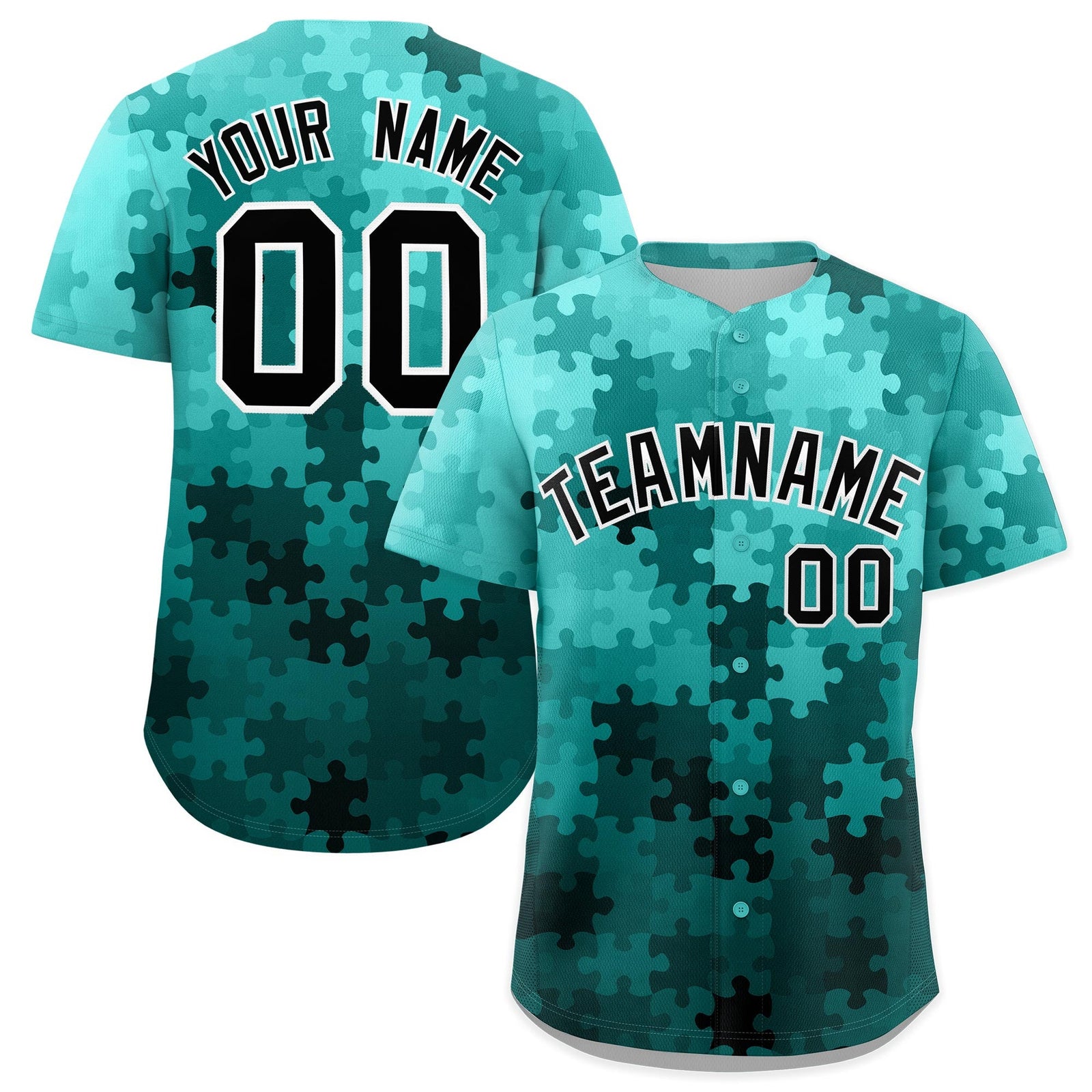 Custom Teal Black White Puzzle Elements Baseball Jersey | Sublimation Printed & Stitched,Add Name and Numbern,Perfect for Teams | KXKSHOP