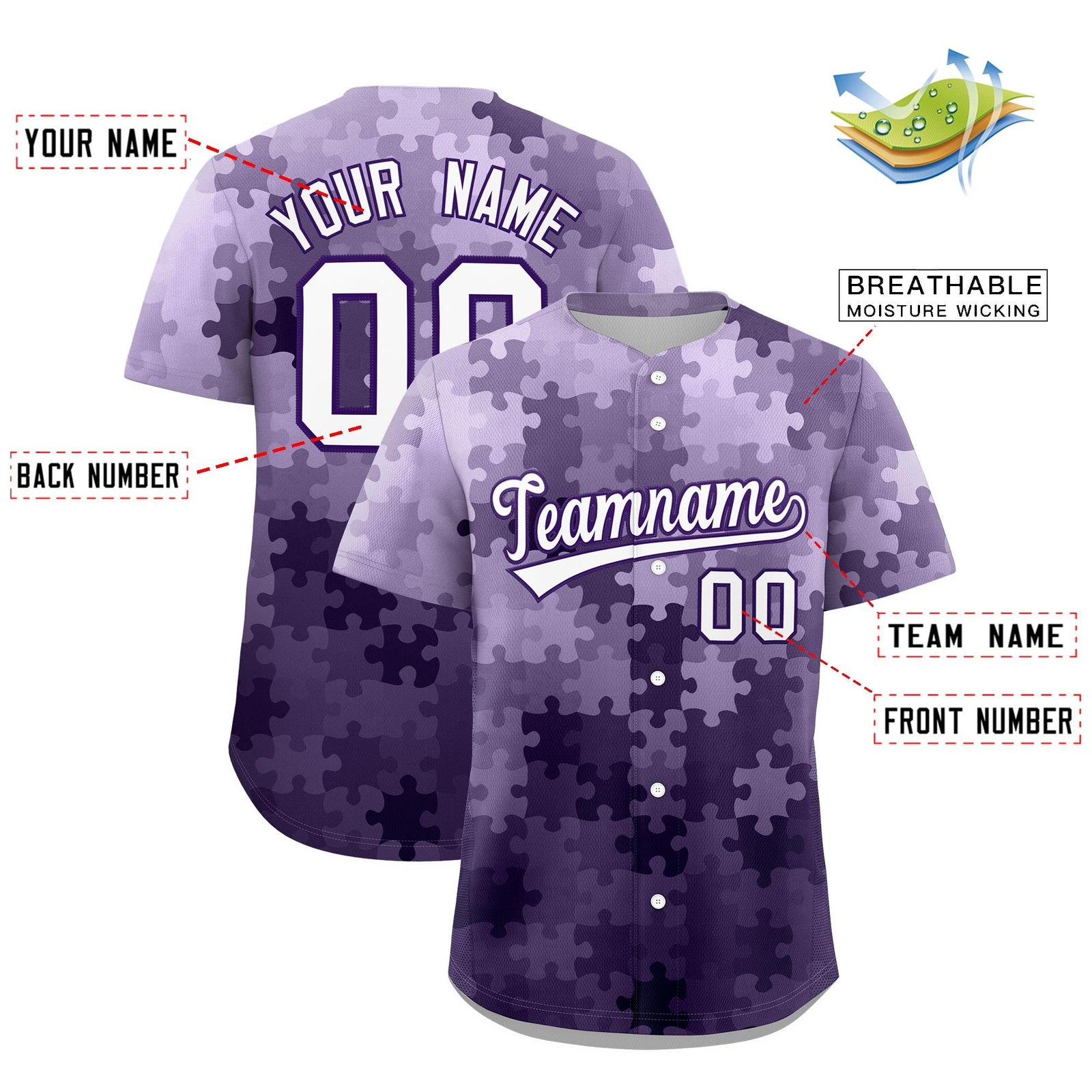 Custom White Purple Puzzle Elements Baseball Jersey | Sublimation Printed & Stitched,Add Name and Numbern,Perfect for Teams | KXKSHOP