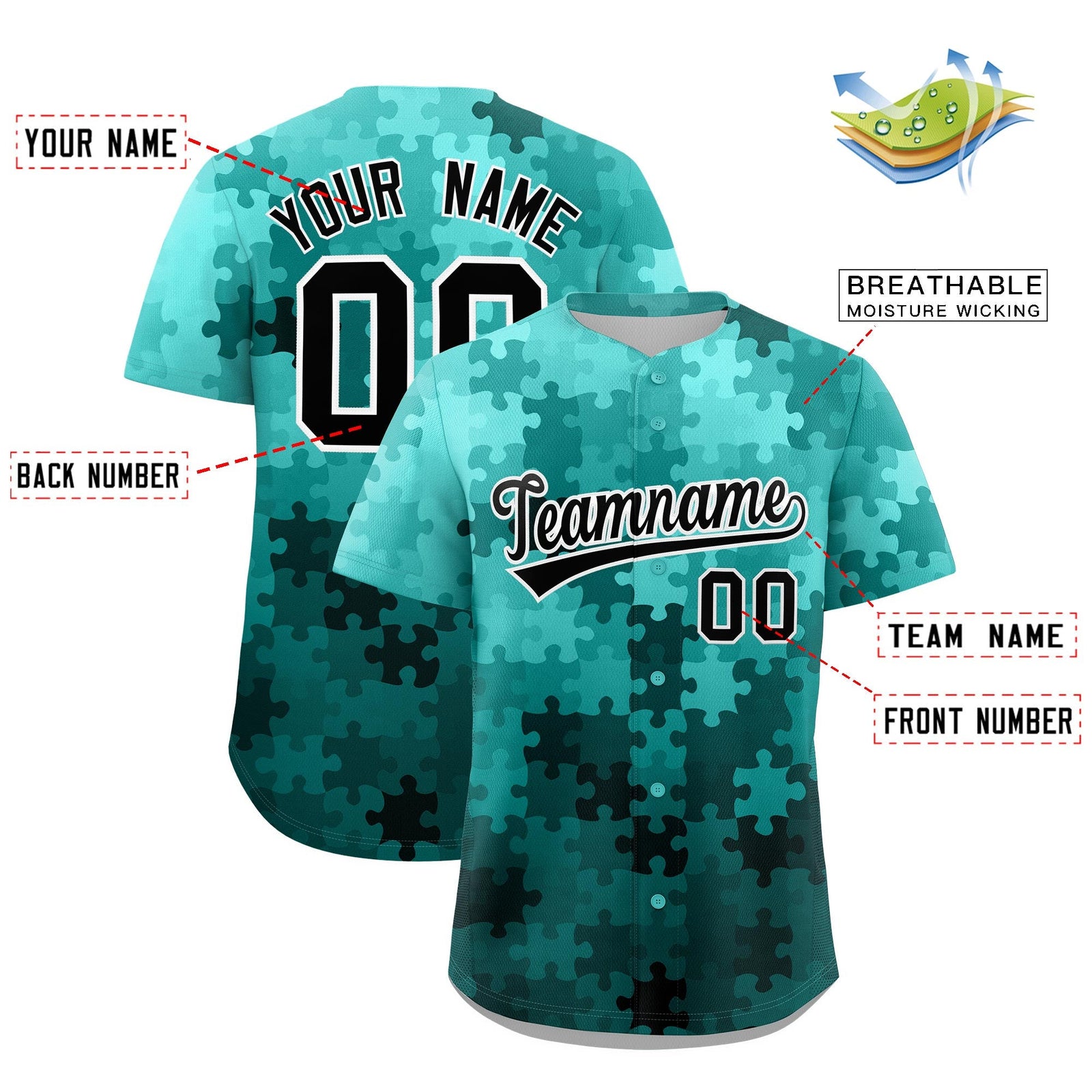 Custom Teal Black White Puzzle Elements Baseball Jersey | Sublimation Printed & Stitched,Add Name and Numbern,Perfect for Teams | KXKSHOP