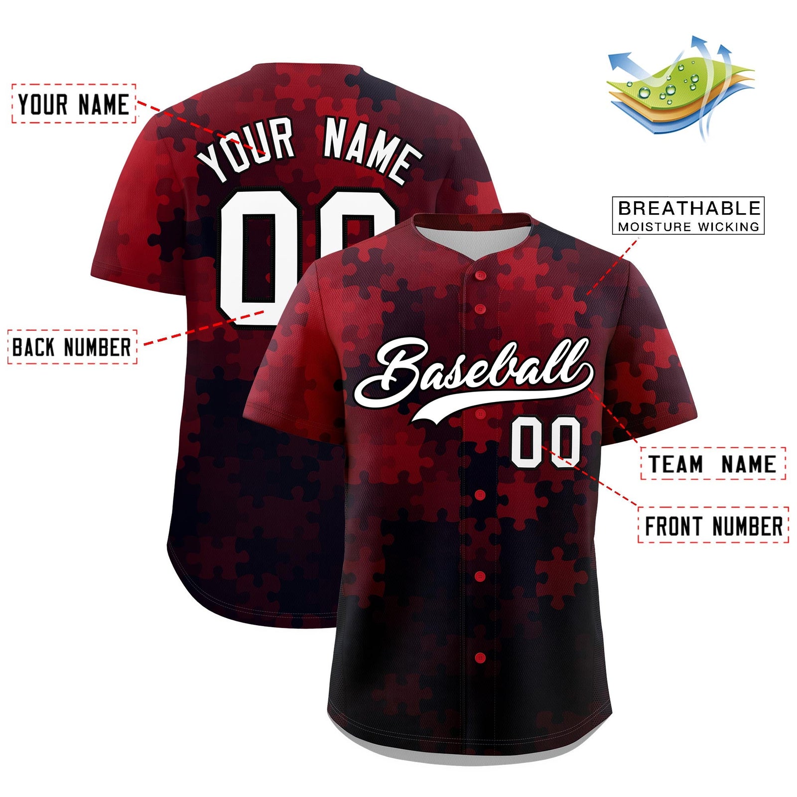 Custom Red White Black Puzzle Elements Baseball Jersey | Sublimation Printed & Stitched,Add Name and Numbern,Perfect for Teams | KXKSHOP