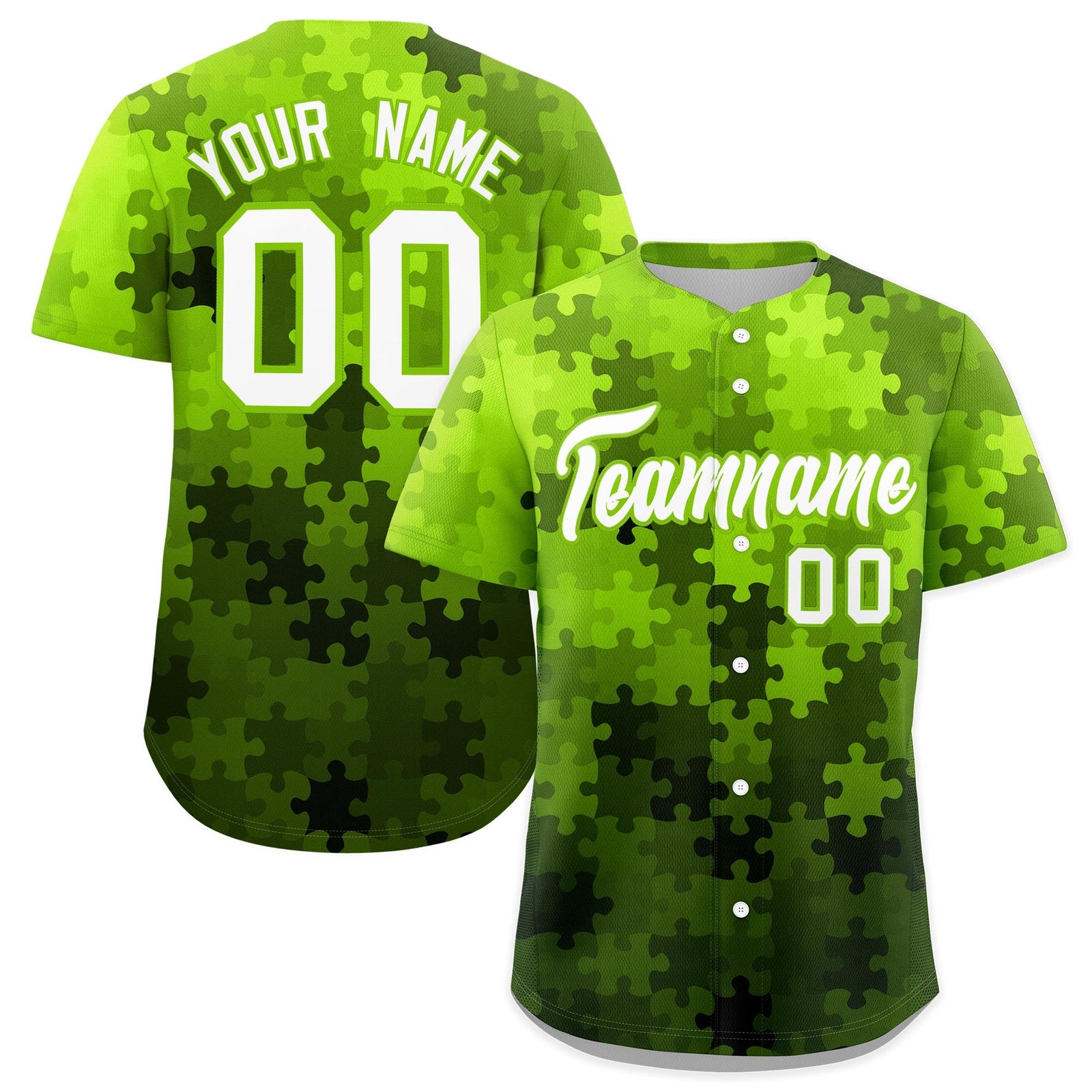 Custom White Neon Green Puzzle Elements Baseball Jersey | Sublimation Printed & Stitched,Add Name and Numbern,Perfect for Teams | KXKSHOP