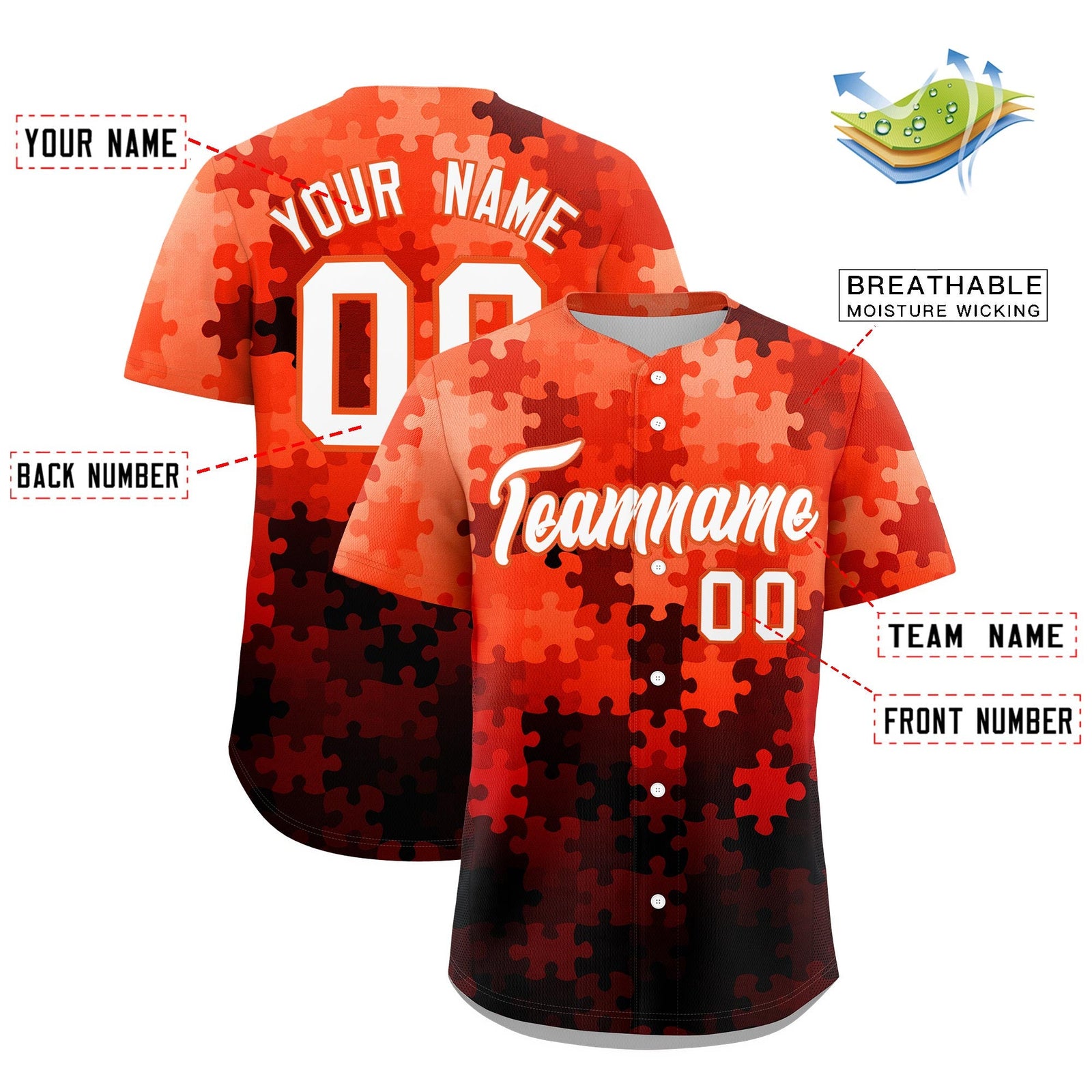 Custom White Orange Puzzle Elements Baseball Jersey | Sublimation Printed & Stitched,Add Name and Numbern,Perfect for Teams | KXKSHOP