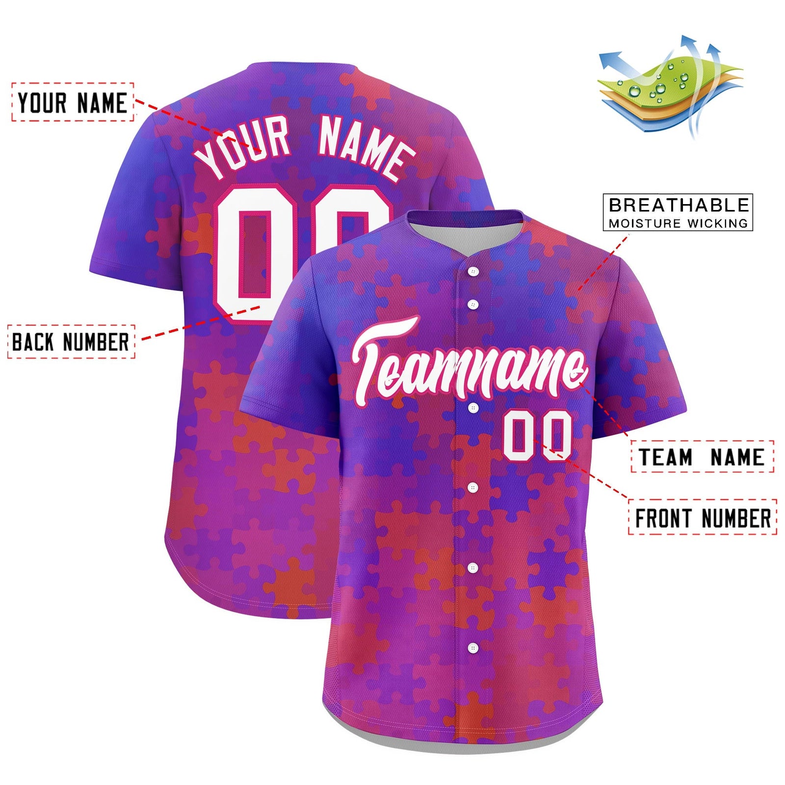 Custom White Rose Red Puzzle Elements Baseball Jersey | Sublimation Printed & Stitched,Add Name and Numbern,Perfect for Teams | KXKSHOP