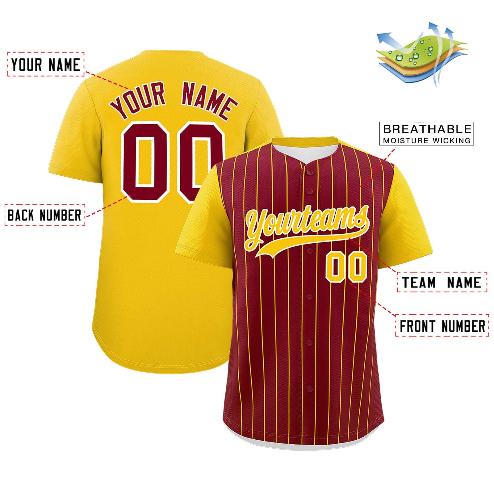 Custom Crimson Gold Pinstripe Personalized Two-Tone Authentic Baseball Jersey