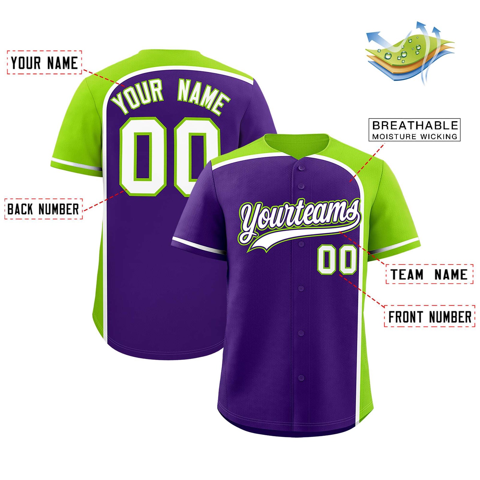 Custom Purple Neon Green Personalized Color Block Authentic Baseball jersey