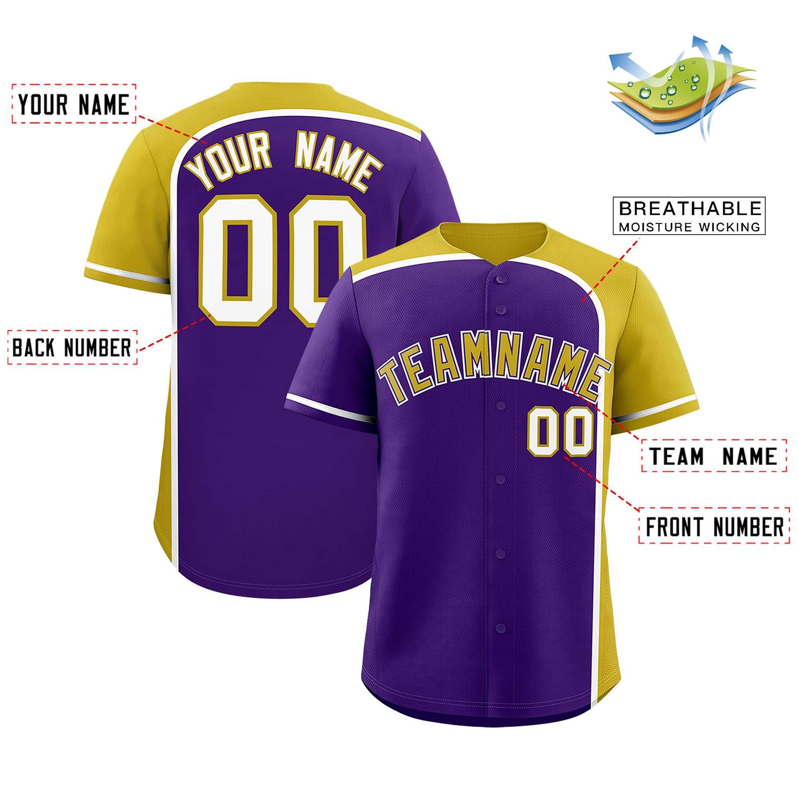 Custom Purple Old Gold Personalized Color Block Authentic Baseball jersey