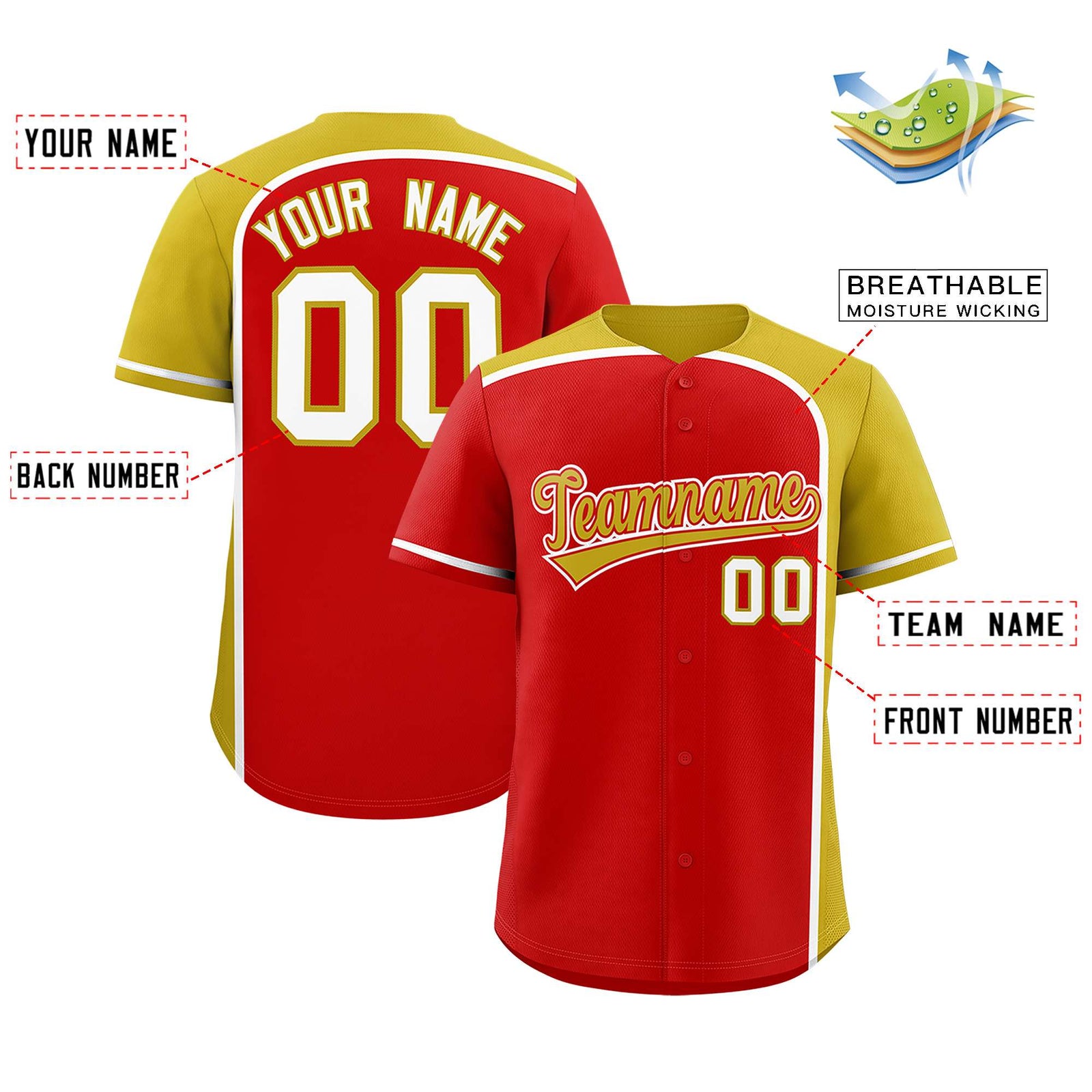 Custom Red Old Gold Personalized Color Block Authentic Baseball jersey