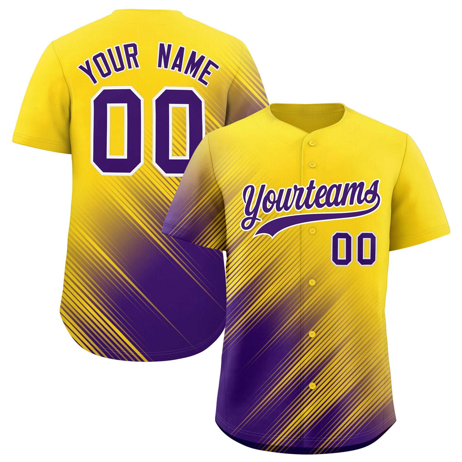 Custom Gold Purple Diagonal Stripe Personalized Gradient Fashion Baseball Jersey
