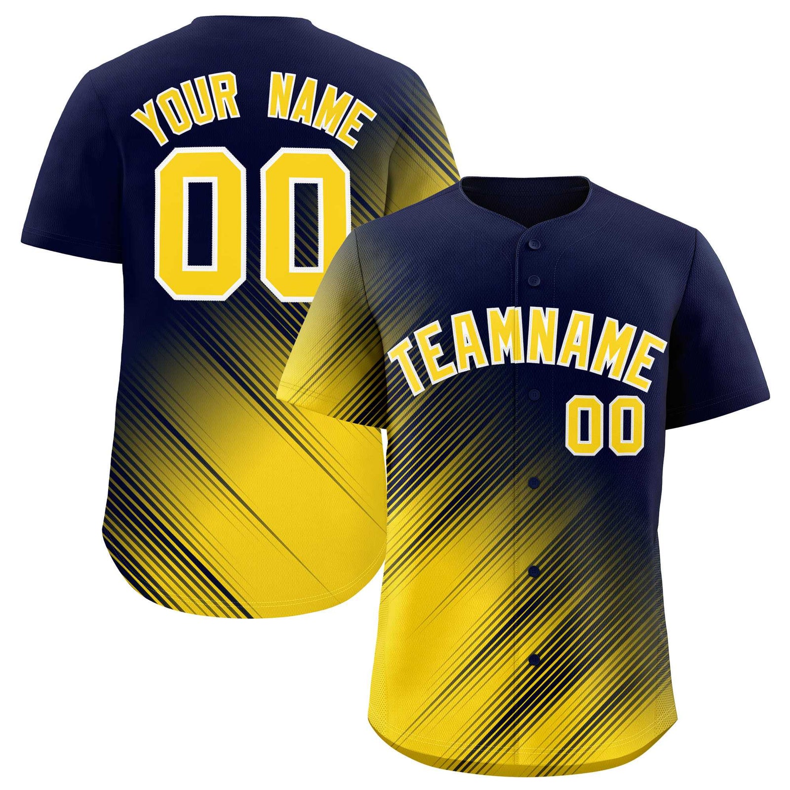 Custom Navy Gold Diagonal Stripe Personalized Gradient Fashion Baseball Jersey