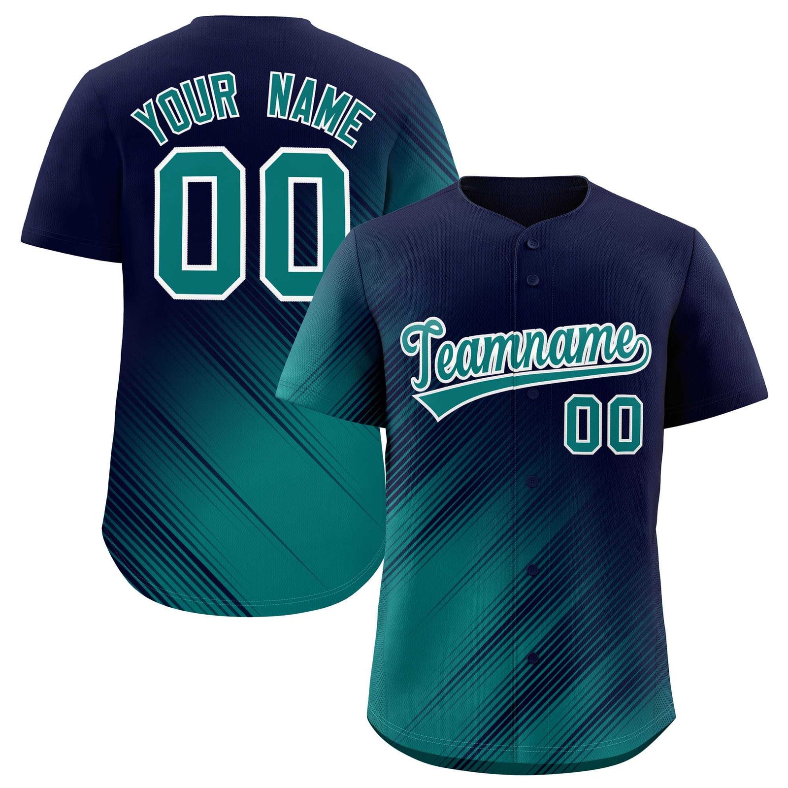 Custom Navy Aqua Diagonal Stripe Personalized Gradient Fashion Baseball Jersey