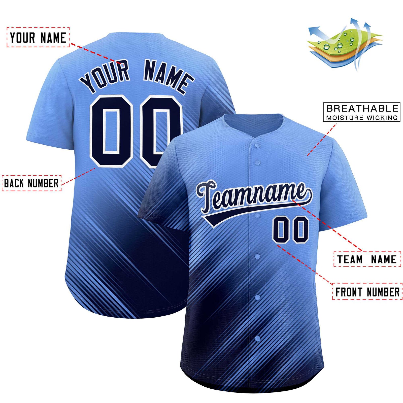 Custom Light Blue Navy Diagonal Stripe Personalized Gradient Fashion Baseball Jersey