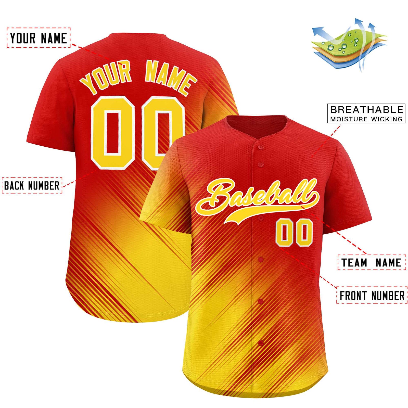 Custom Red Gold Diagonal Stripe Personalized Gradient Fashion Baseball Jersey