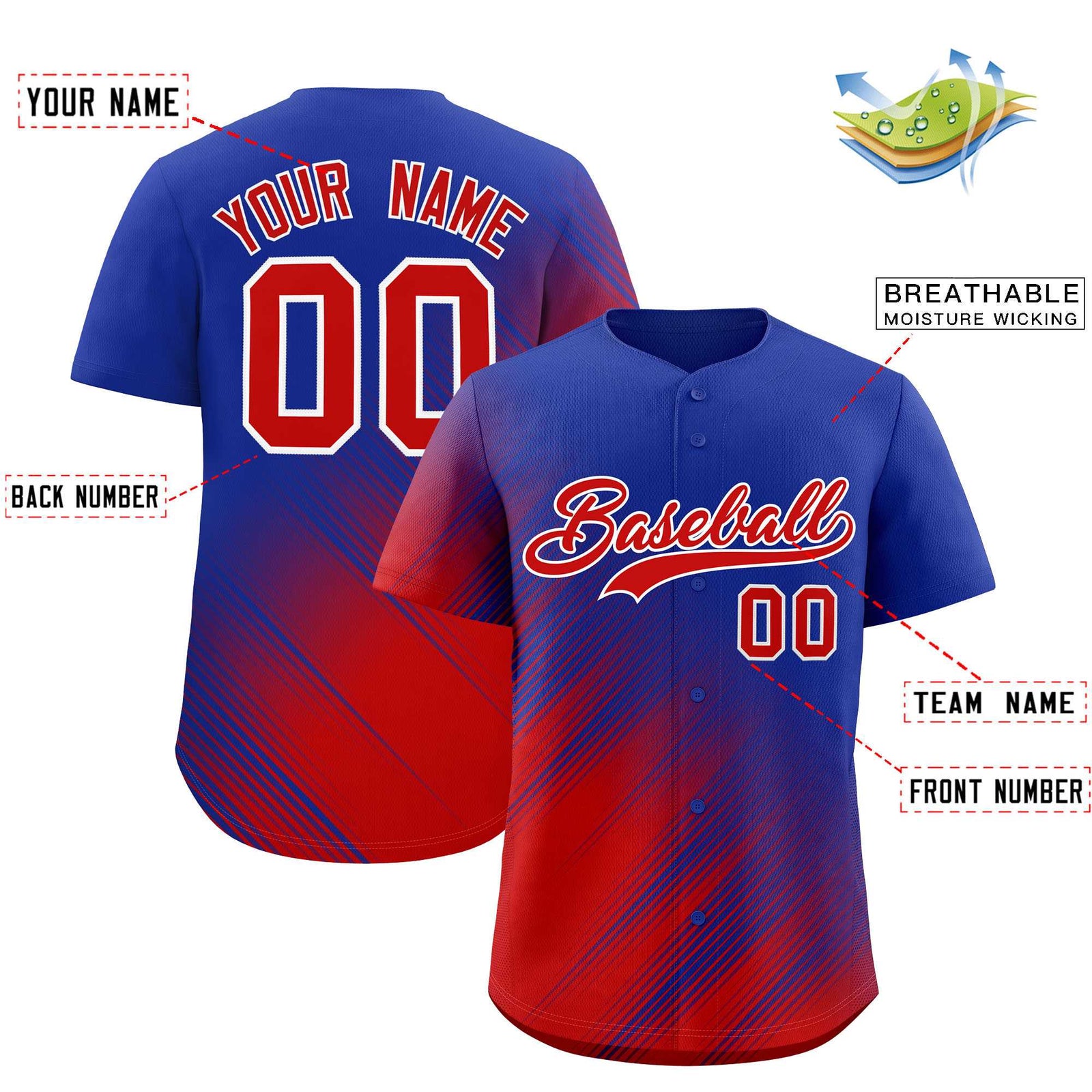 Custom Royal Red Diagonal Stripe Personalized Gradient Fashion Baseball Jersey