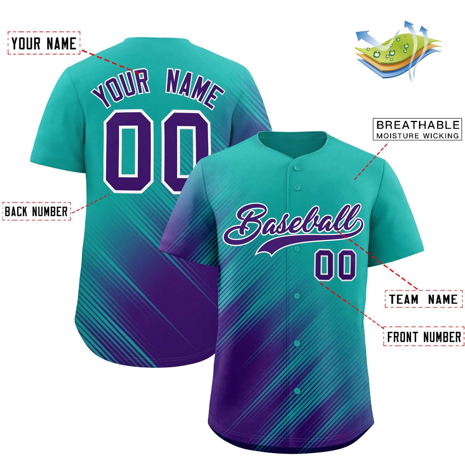 Custom Aqua Purple Diagonal Stripe Personalized Gradient Fashion Baseball Jersey