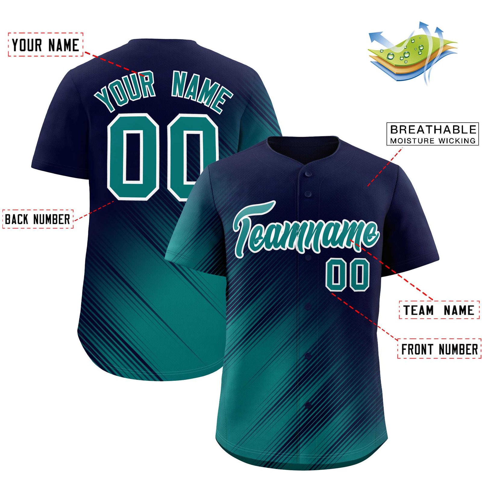 Custom Navy Aqua Diagonal Stripe Personalized Gradient Fashion Baseball Jersey