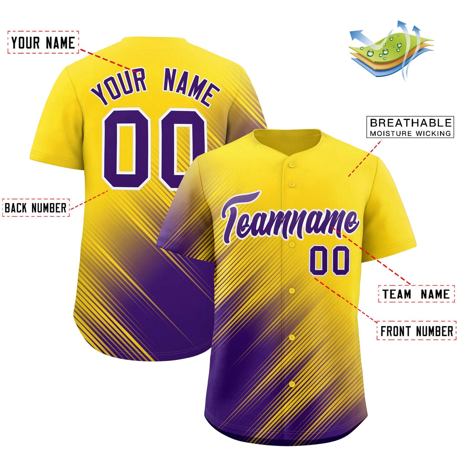 Custom Gold Purple Diagonal Stripe Personalized Gradient Fashion Baseball Jersey