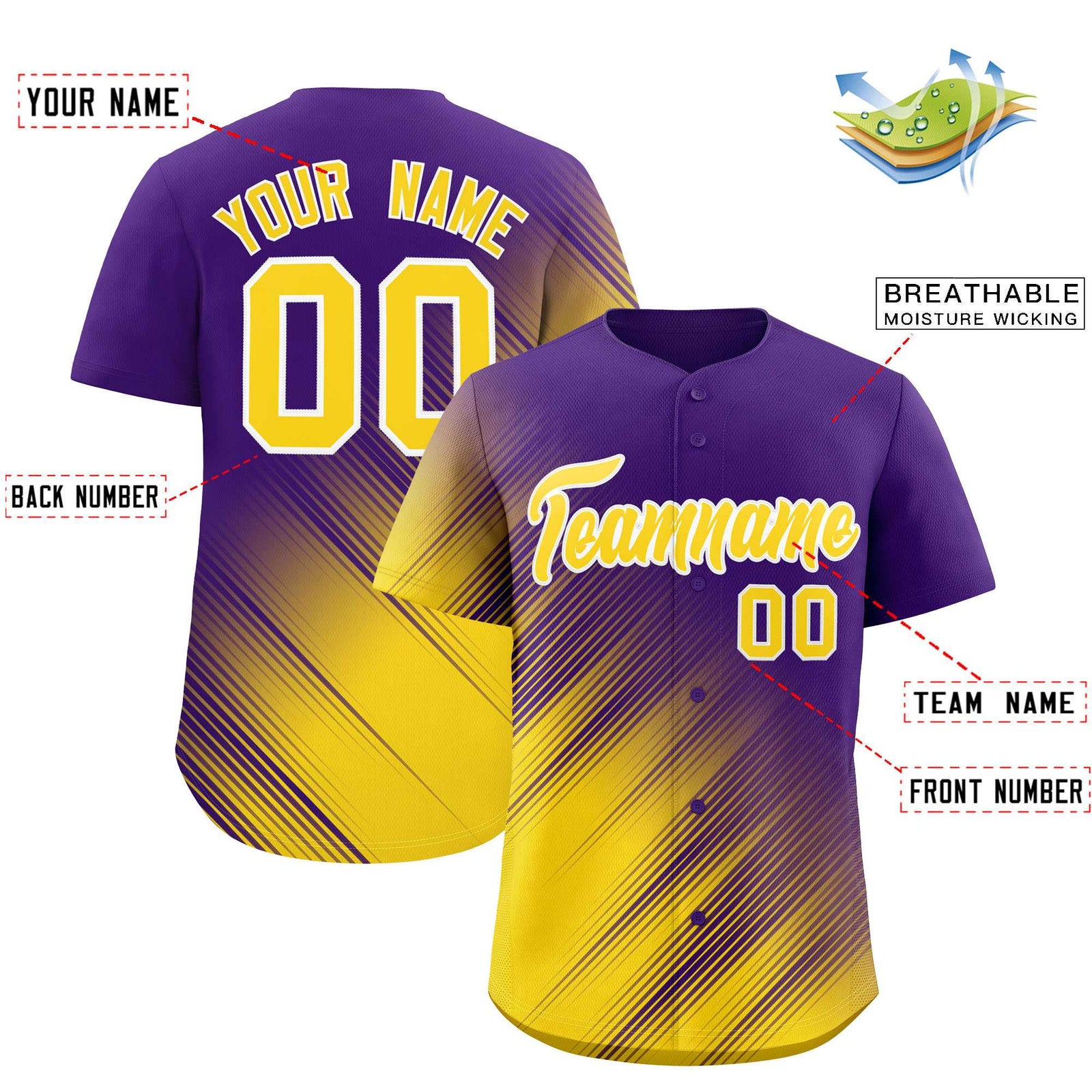 Custom Purple Gold Diagonal Stripe Personalized Gradient Fashion Baseball Jersey