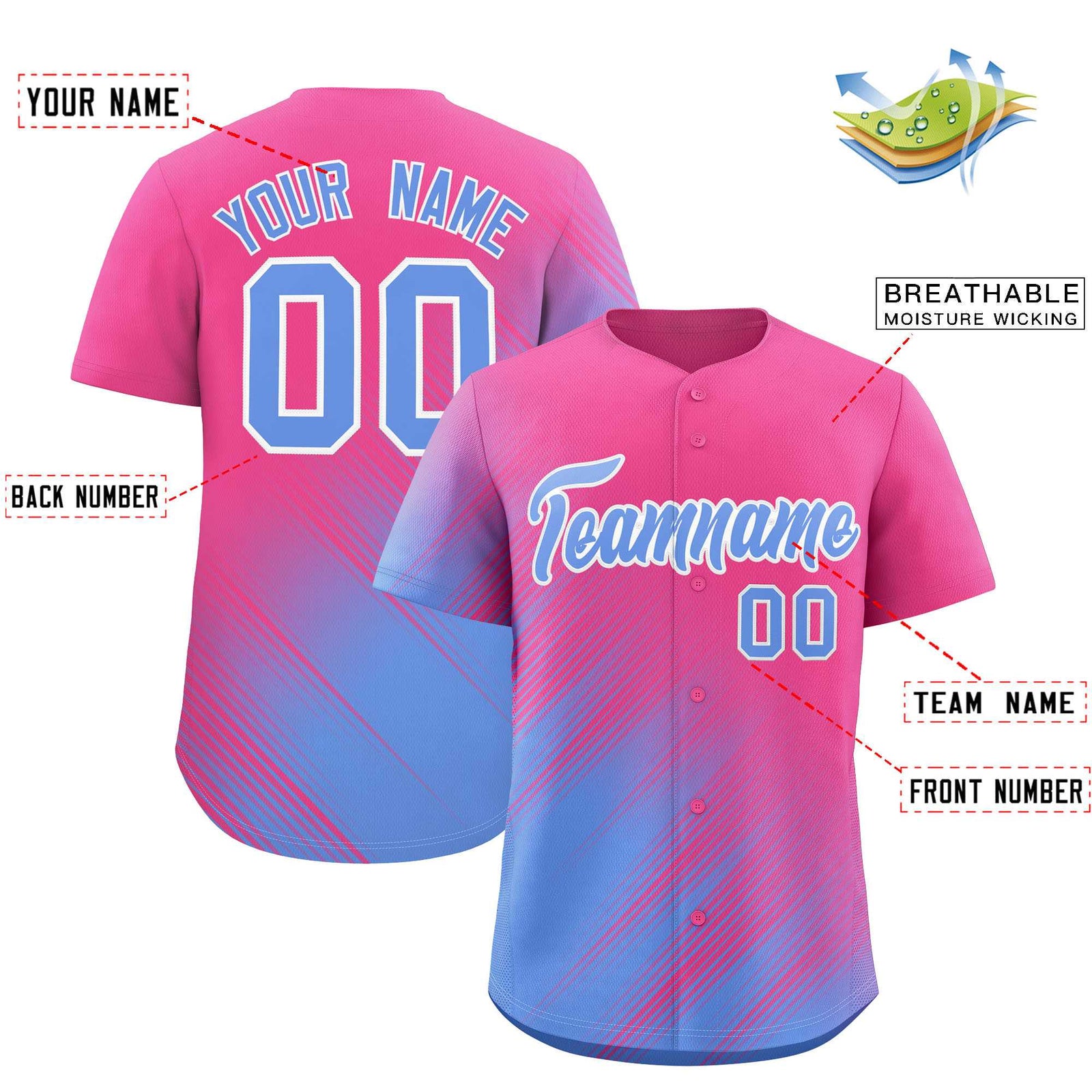 Custom Pink Light Blue Diagonal Stripe Personalized Gradient Fashion Baseball Jersey