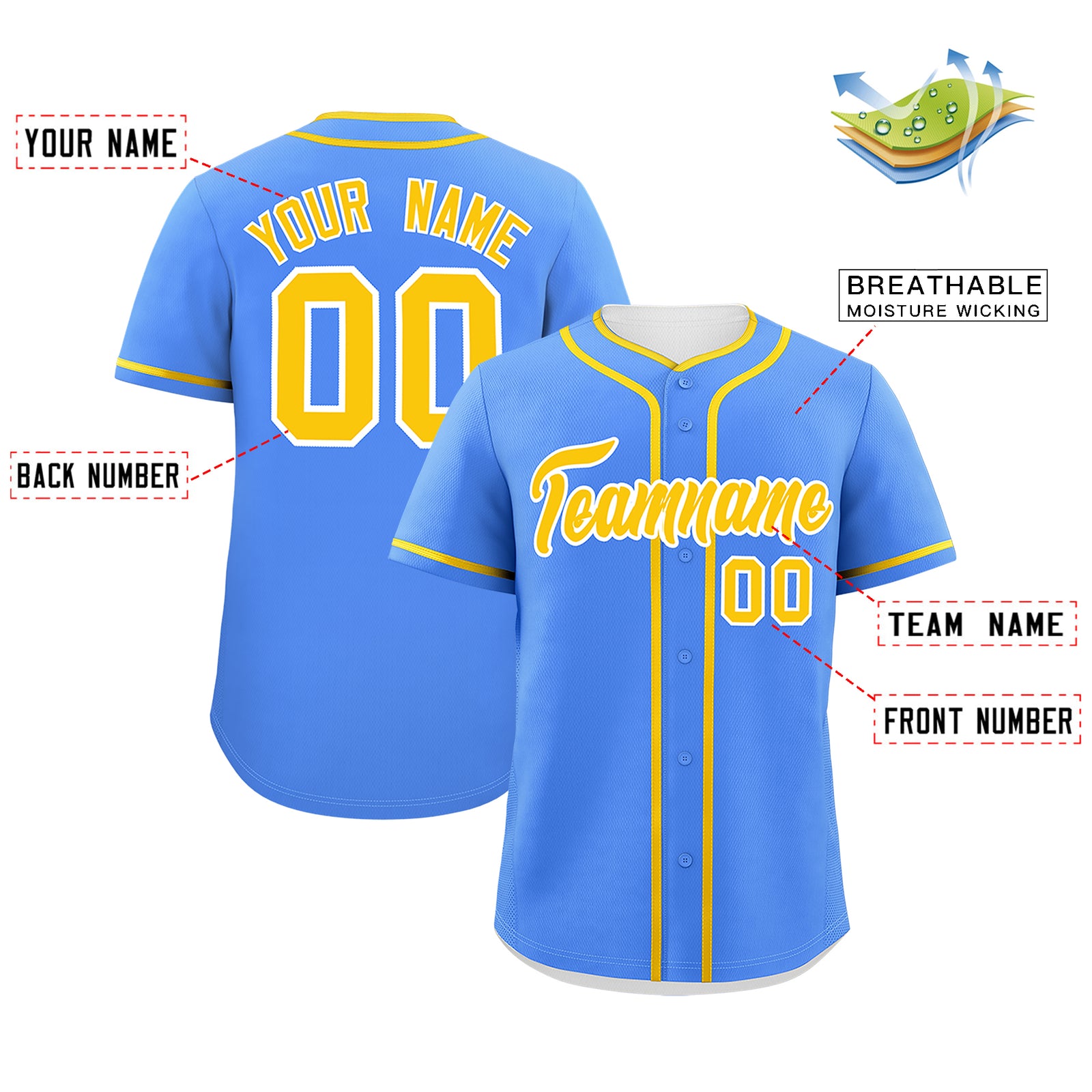 Custom Powder Blue Gold Personalized Classic Authentic Baseball Jersey