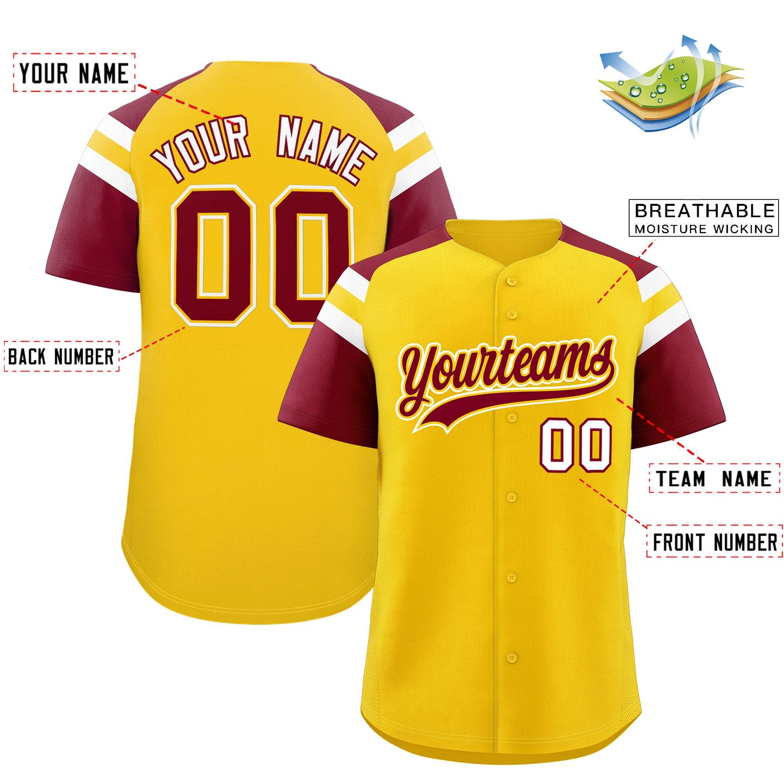 Custom Gold Crimson Contrast Raglan Sleeves Authentic Baseball Jersey