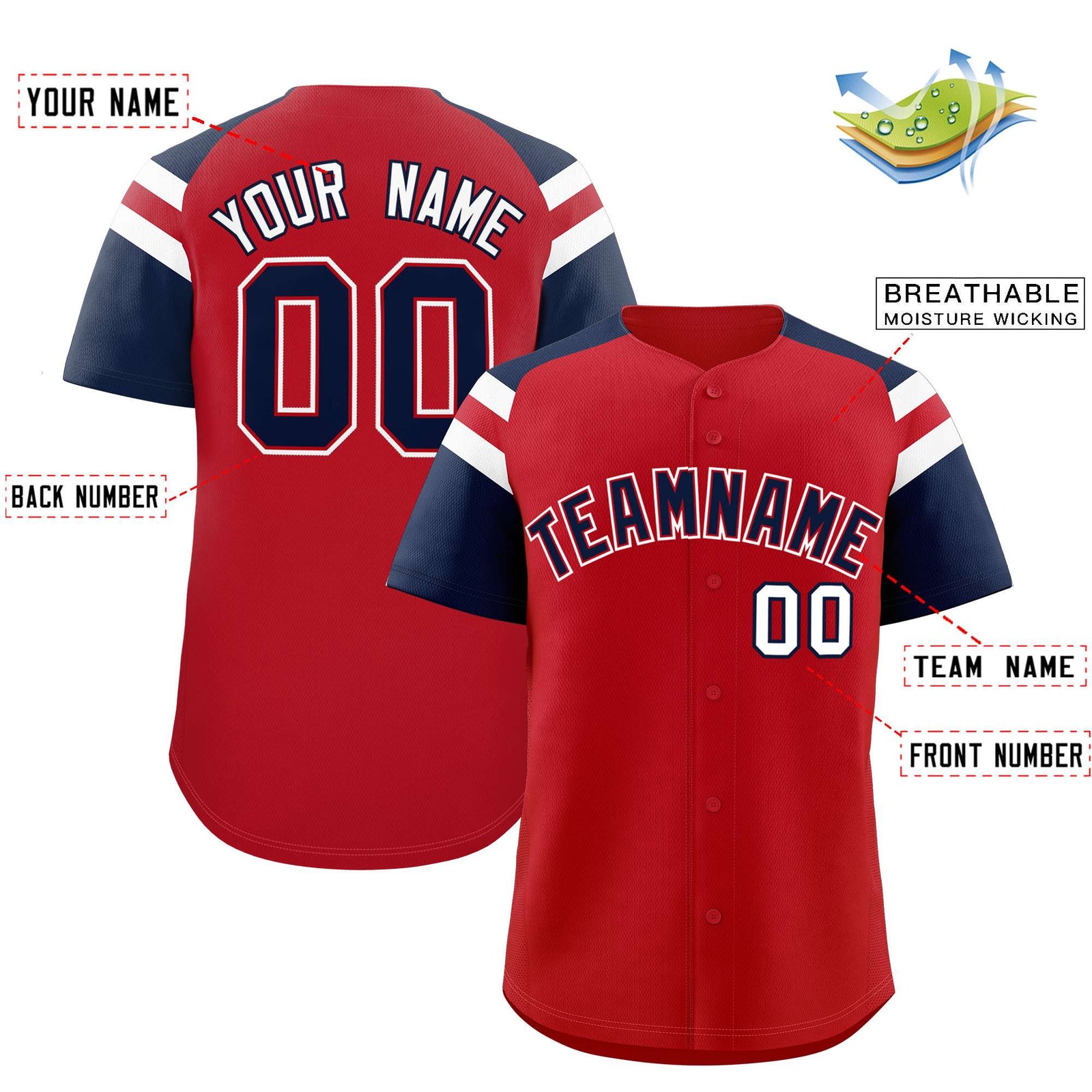 Custom Red Navy Contrast Raglan Sleeves Authentic Baseball Jersey