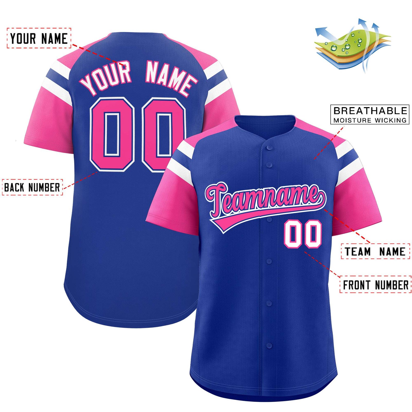 Custom Royal Pink Contrast Raglan Sleeves Authentic Baseball Jersey