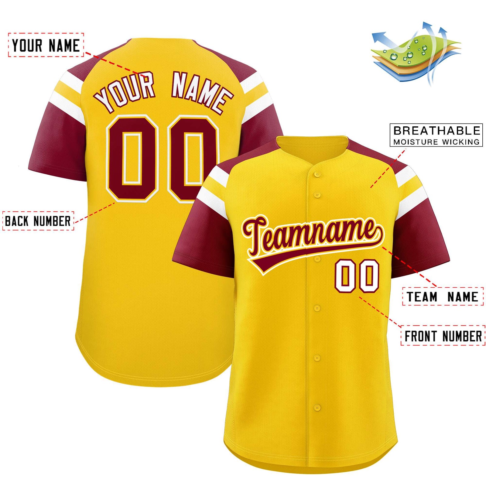 Custom Gold Crimson Contrast Raglan Sleeves Authentic Baseball Jersey