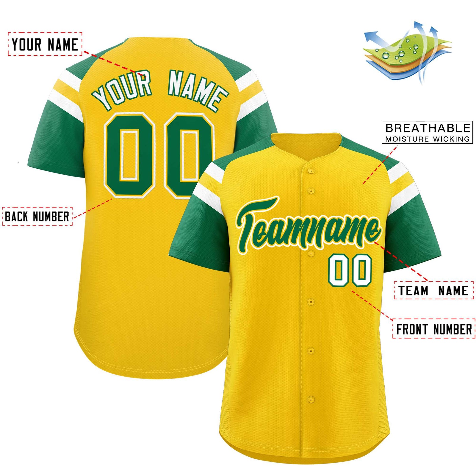Custom Gold Kelly Green Contrast Raglan Sleeves Authentic Baseball Jersey
