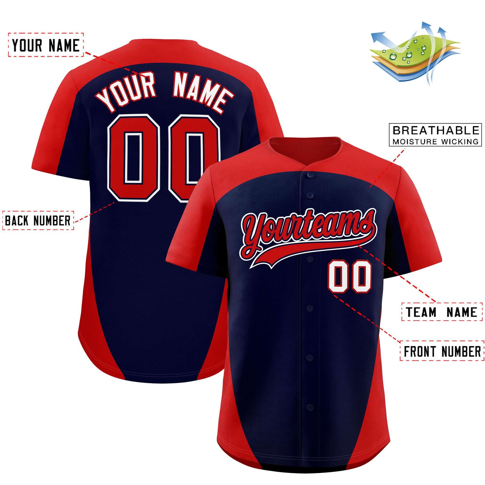 Custom Navy Red Personalized Edge Color Block Authentic Baseball Jersey