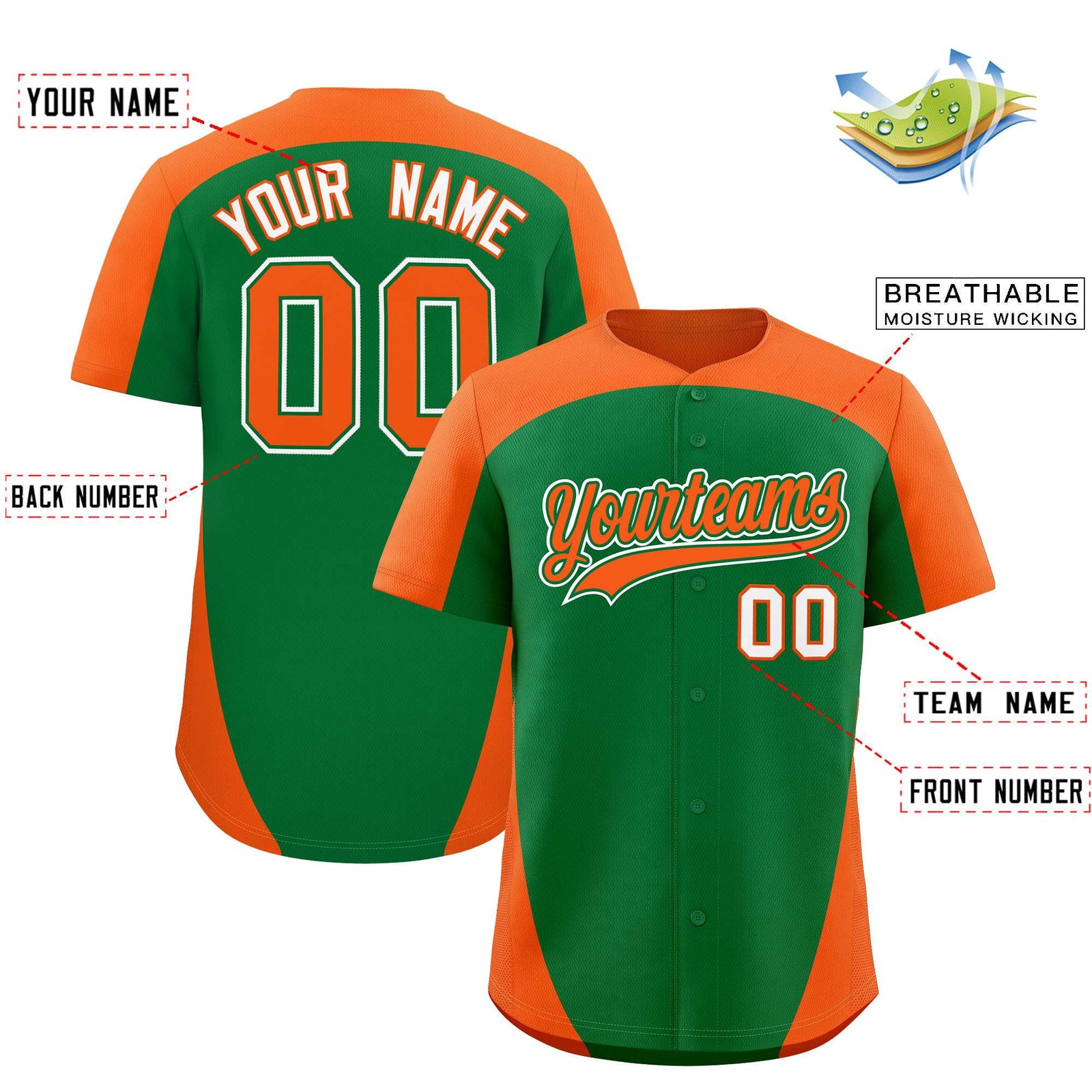Custom Kelly Green Orange Personalized Edge Color Block Authentic Baseball Jersey