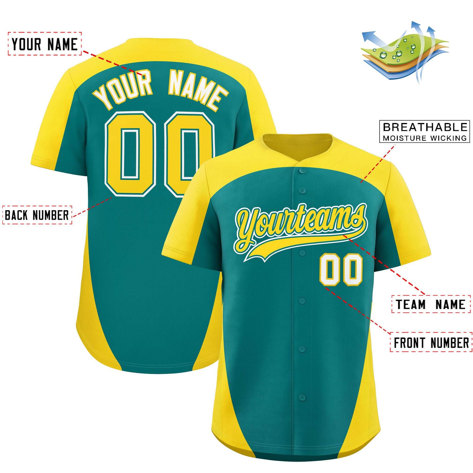 Custom Aqua Gold Personalized Edge Color Block Authentic Baseball Jersey