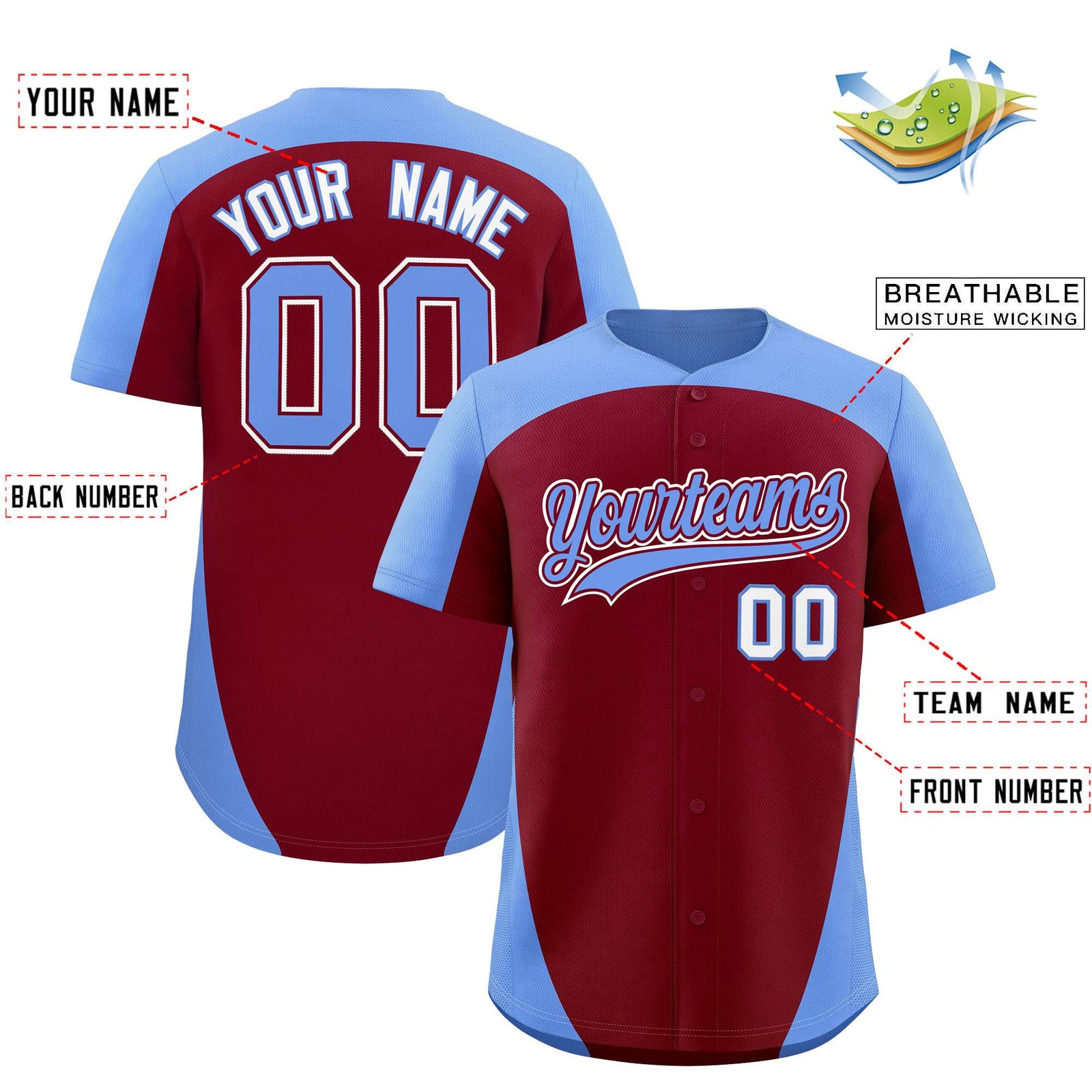 Custom Crimson Light Blue Personalized Edge Color Block Authentic Baseball Jersey