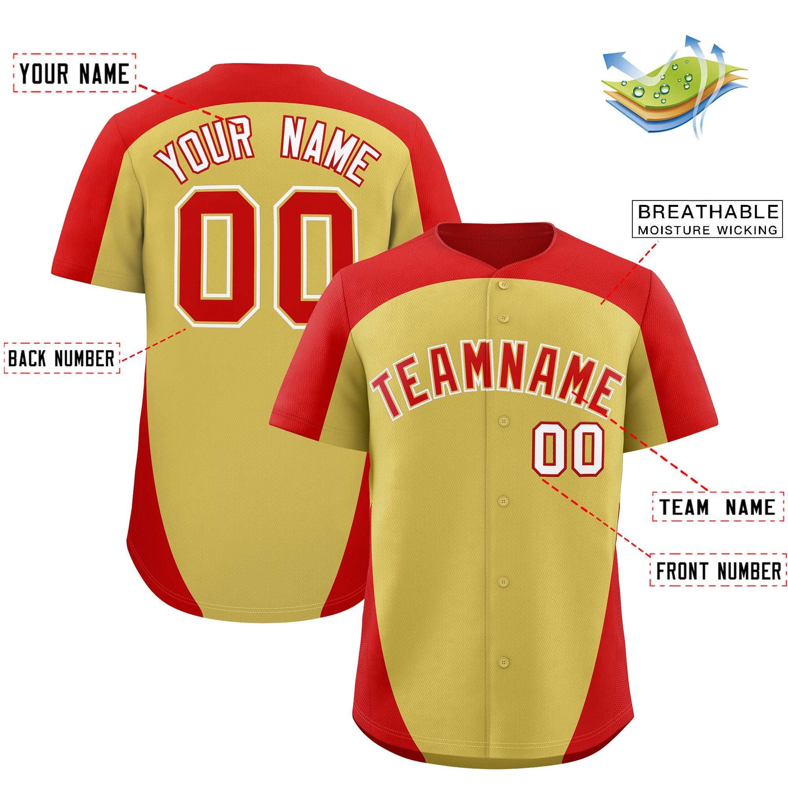 Custom Old Gold Red Personalized Edge Color Block Authentic Baseball Jersey