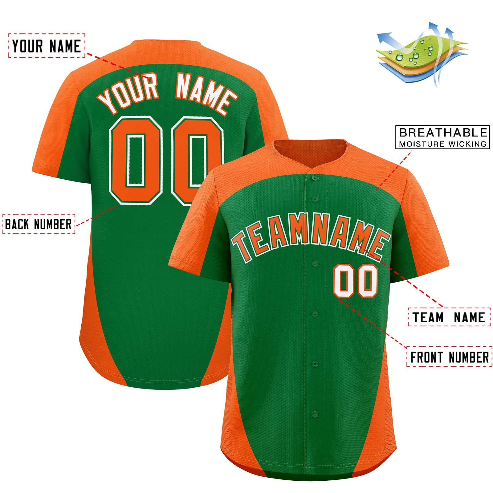 Custom Kelly Green Orange Personalized Edge Color Block Authentic Baseball Jersey