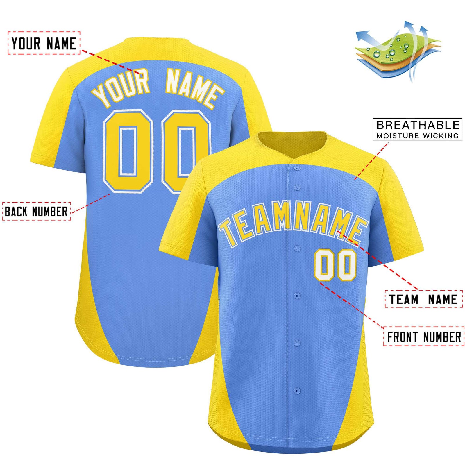 Custom Light Blue Gold Personalized Edge Color Block Authentic Baseball Jersey